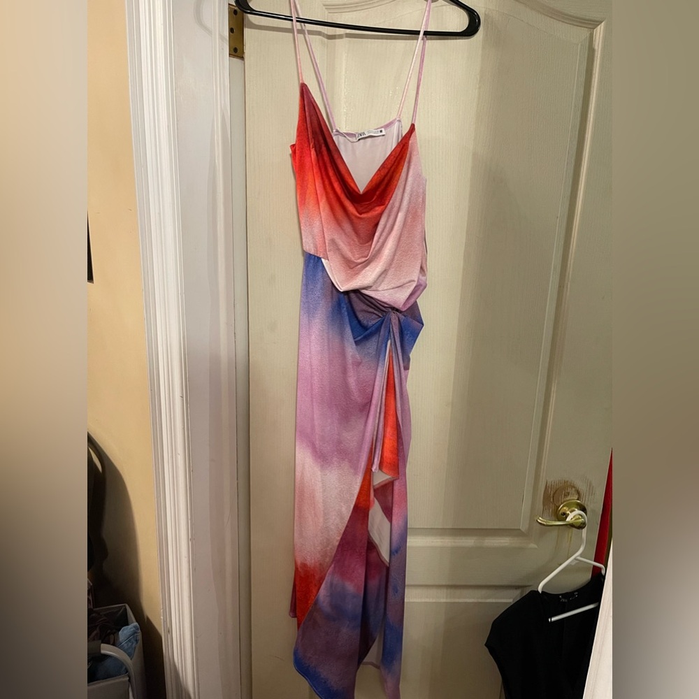 Zara colourful cowl neck slit dress